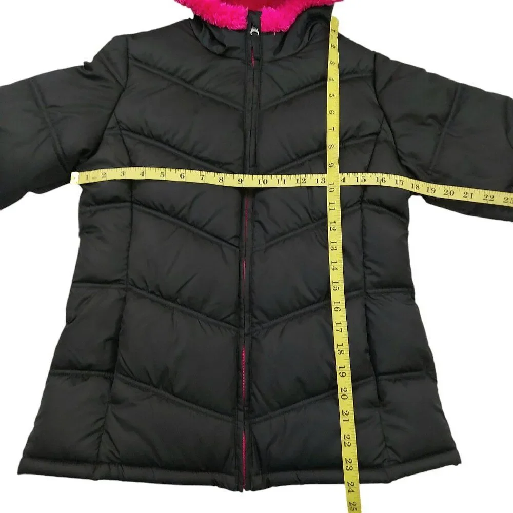 Faded Glory Puffer Jacket Youth XL 14/16 Black Pink Hooded Full Zip Fleece Warm